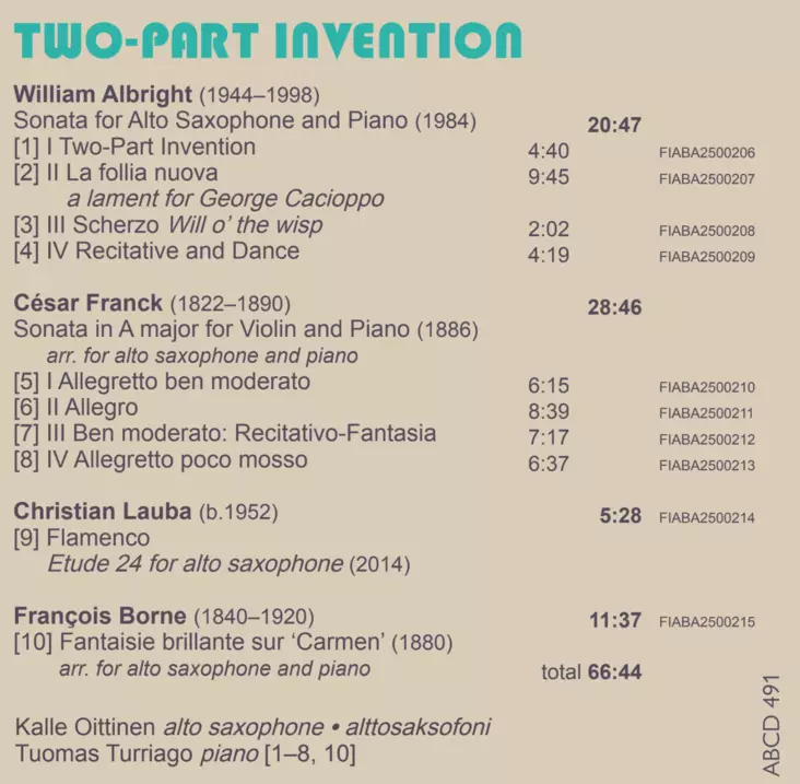 Kalle Oittinen, Tuomas Turriago: Two-Part Invention-Music fo Saxophone and Piano - Classical - 1913 - 1