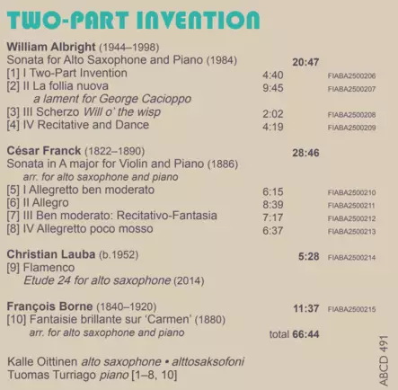 Kalle Oittinen, Tuomas Turriago: Two-Part Invention-Music fo Saxophone and Piano - Klassinen - 1913 - 1