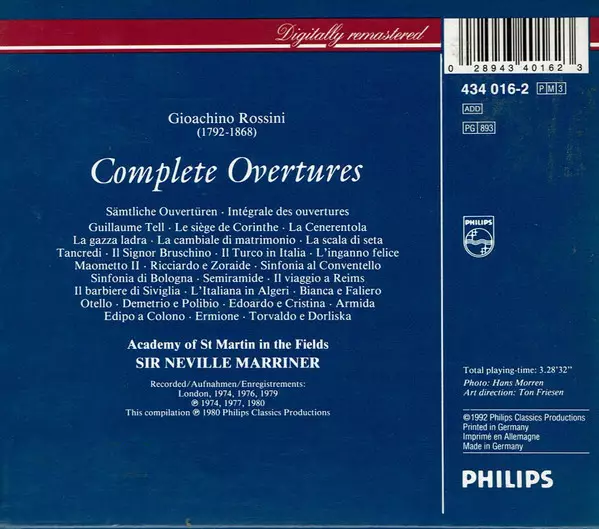 Academy of St Martin in the Fields, Sir Neville Marriner - Gioachino Rossini: Complete Overtures (KÄYTETTY 3 x CD BOKSI) - Klassinen CD - 2724 - 1