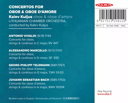 Vivalvi, Antonio / Marcello, Alessandro / Telemann, Georg Philipp / Bach, Johann Sebastian / Kuljus, Kalev / Lithuanian Chamber Orchestra : Concertos for oboe & oboe d'amore - Klassinen CD - 186 - 1