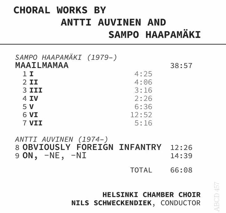 Haapamäki, Sampo / Auvinen, Antti / Helsinki Chamber Choir / Schweckediek, Nils : Choral Works by Antti Auvinen and Sampo Haapamäki - Classical CD - 219 - 1
